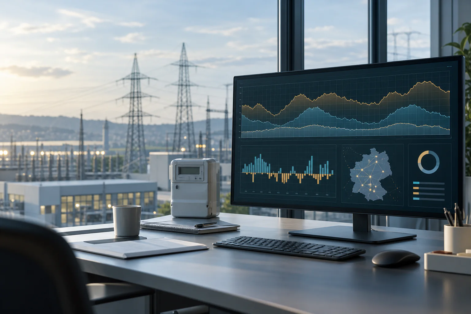 Arbeitsplatz mit Stromzähler, Netzlandschaft und visualisierten Last- und Bilanzkurven