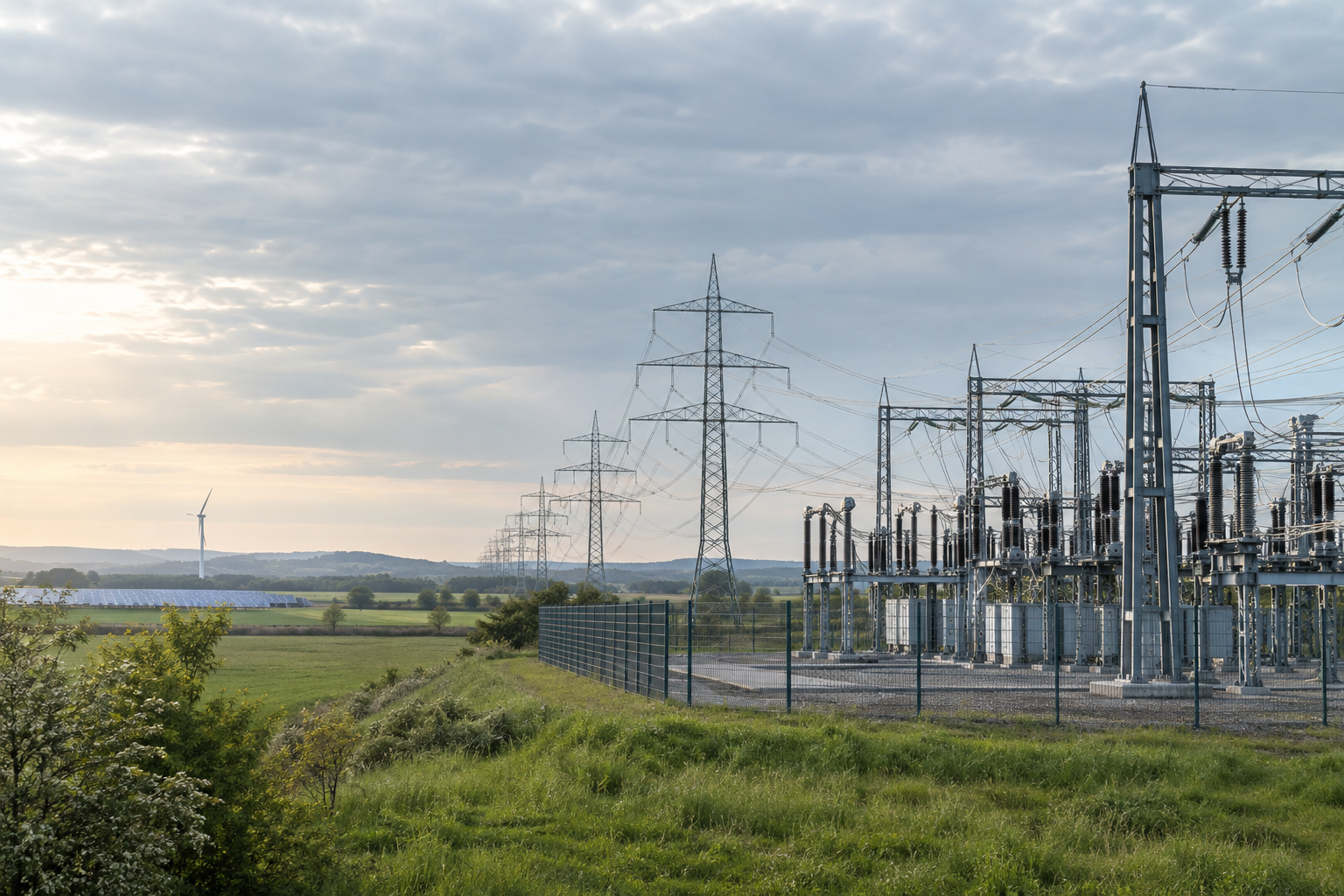 Umspannwerk und Stromleitungen in einer deutschen Landschaft